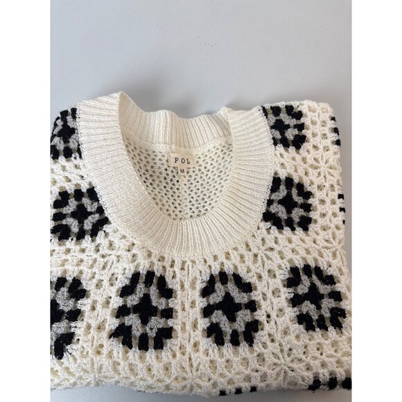 Crochet Knit Sweater By POL Floral Pattern Black & White Medium Cottagecore - Picture 9 of 10